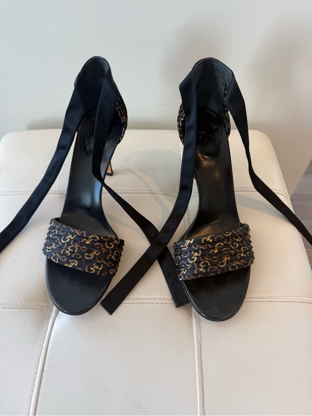 Gucci Black Satin Ankle-Tie Heels with Gold Chain-Link Detail